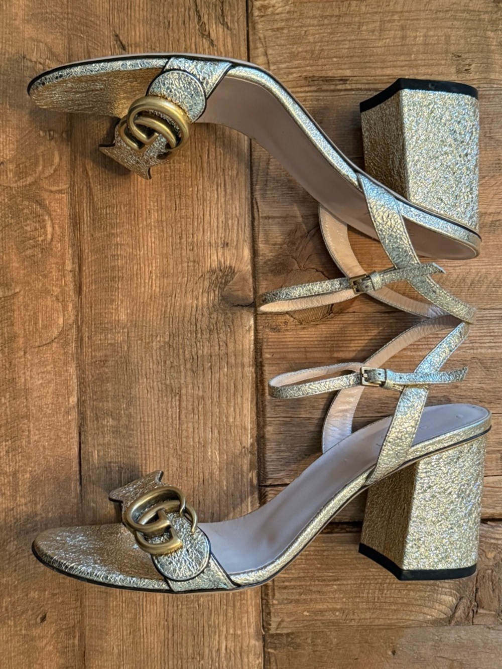 Gucci Gold Textured Leather Slingback Sandals with Double GG - Picture 5 of 8